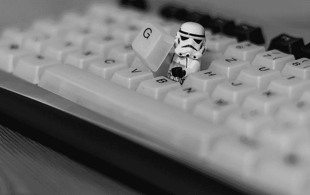 Photo of Star Wars Lego Storm Trooper inside of mechanical keyboard